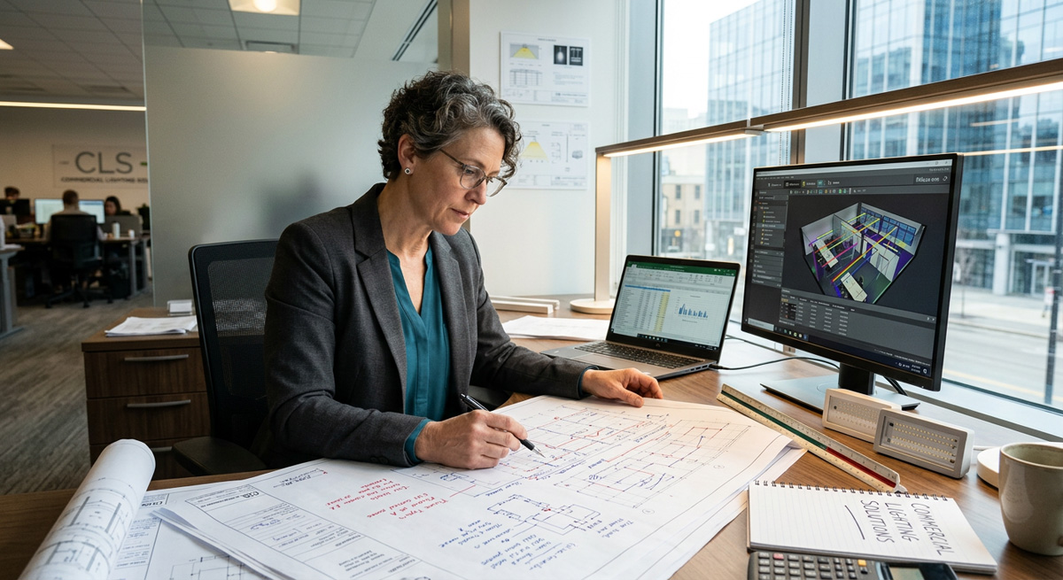 A lighting consultant analyzing architectural blueprints with technical lighting calculations for Commercial Lighting Solutions.