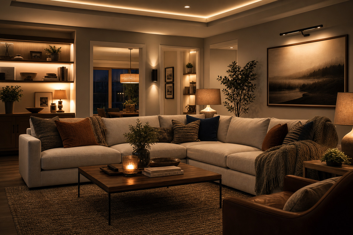 A living room featuring layered Home lighting design, highlighting textures and creating emotional comfort.