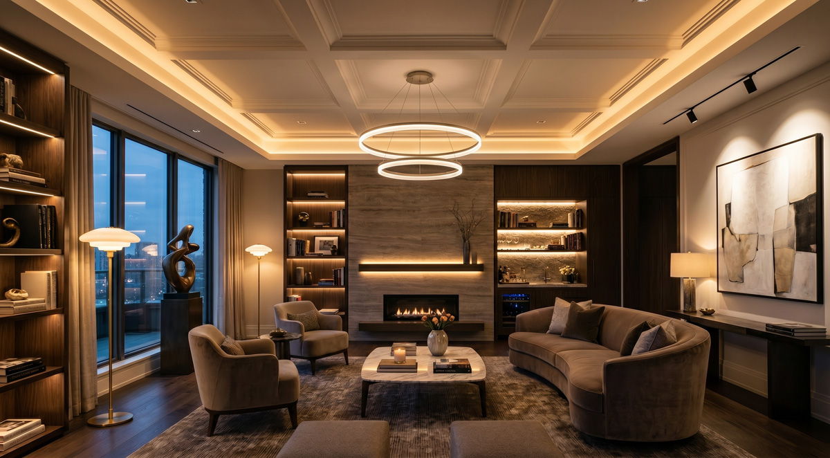 A luxury living room illustrating professional Home lighting design with layers of ambient and accent light.