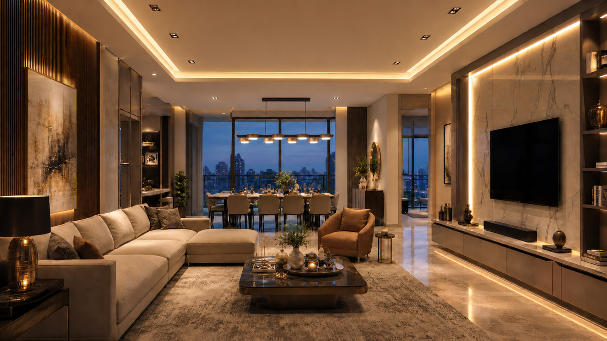 A luxury residential project showing the synergy of Home lighting design and interior furniture layout.