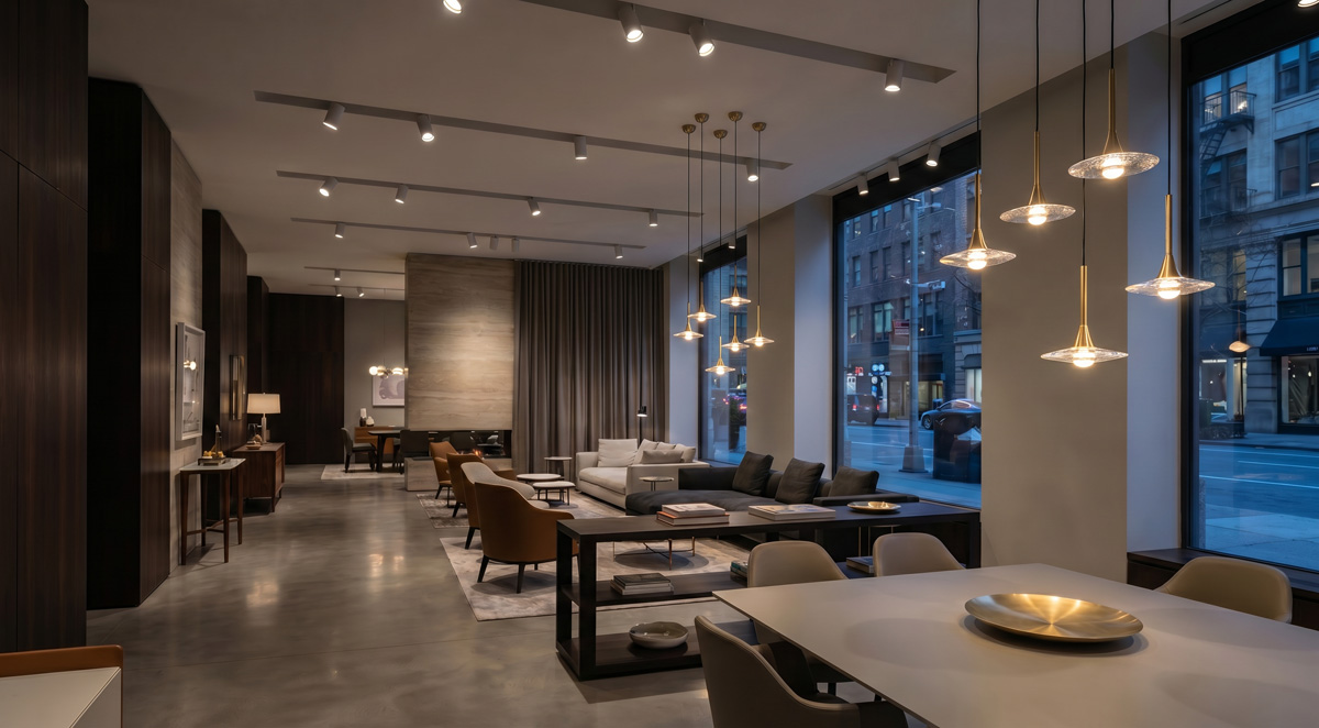 A luxury showroom showcasing layered lighting design with Spot Lights and Pendant Lamps to create visual hierarchy.