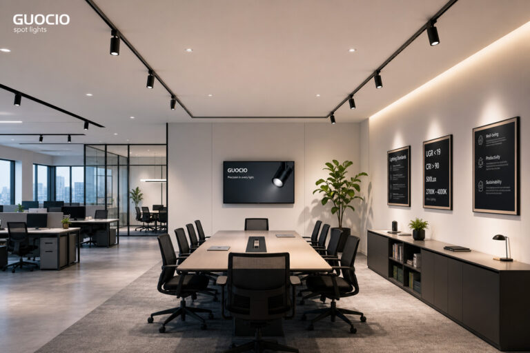 A modern workspace meeting strict office lighting design standards with Guocio spot lights