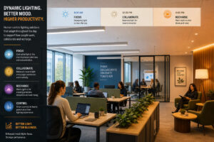 A modern workspace using dynamic Office lighting Solutions to enhance employee mood and productivity.