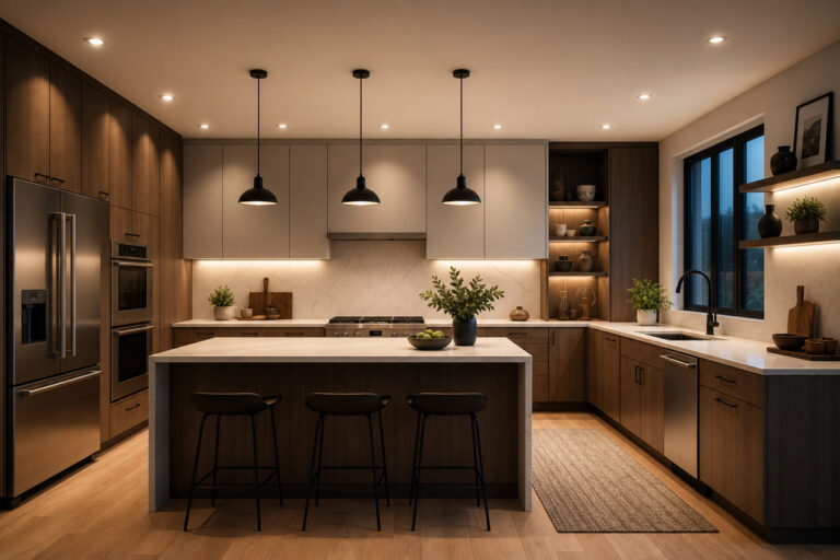 A perfectly balanced kitchen lighting design replacing a messy ceiling grid with targeted spot lights