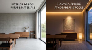 A side-by-side visual of architectural structure vs professional light layering, illustrating the difference between lighting design and interior design.
