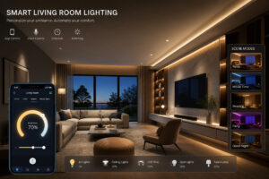 A smart living room lighting design adjusting scenes via an automated control system