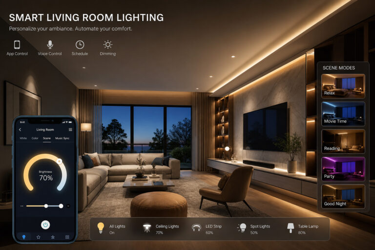 A smart living room lighting design adjusting scenes via an automated control system
