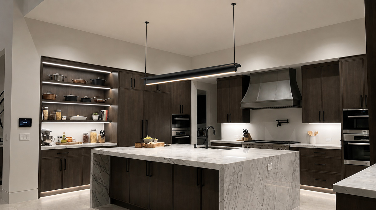 Commercial grade, anti-glare kitchen fixtures used in a luxury residential home by Guocio