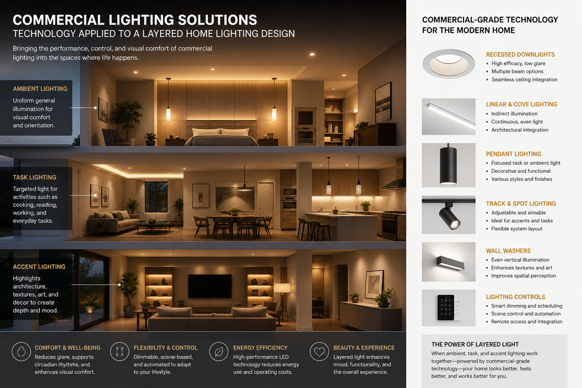 Commercial lighting solutions technology applied to a layered home lighting design