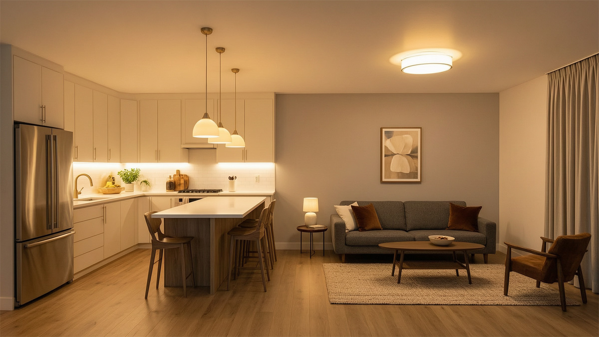 Consistent color temperature flowing from kitchen lighting solutions to living room lighting design