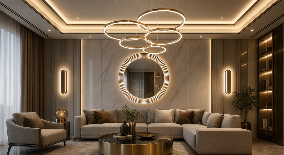 Contemporary luxury living room lighting ideas with a ceiling lamp, wall lamps, and an art-mirror