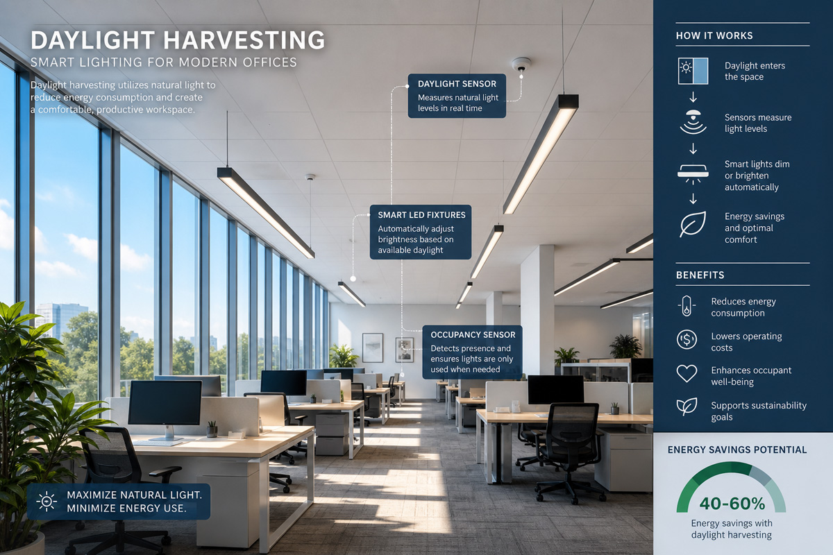 Daylight harvesting in a modern office lighting design utilizing smart commercial lighting solutions