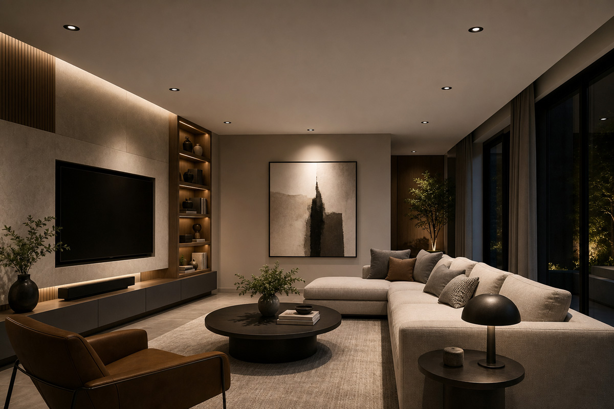 Deep-recessed anti-glare spot lights in a modern living room lighting design