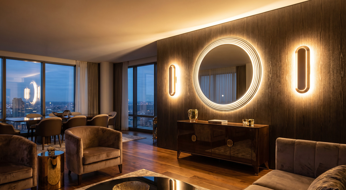 Doubling room brightness using an art-mirror and wall lamps by Guocio