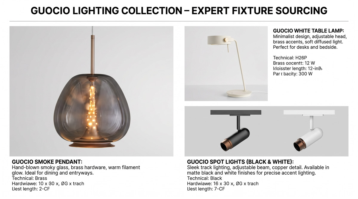 Expert fixture sourcing including Guocio pendant lamps, table lamps, and spot lights
