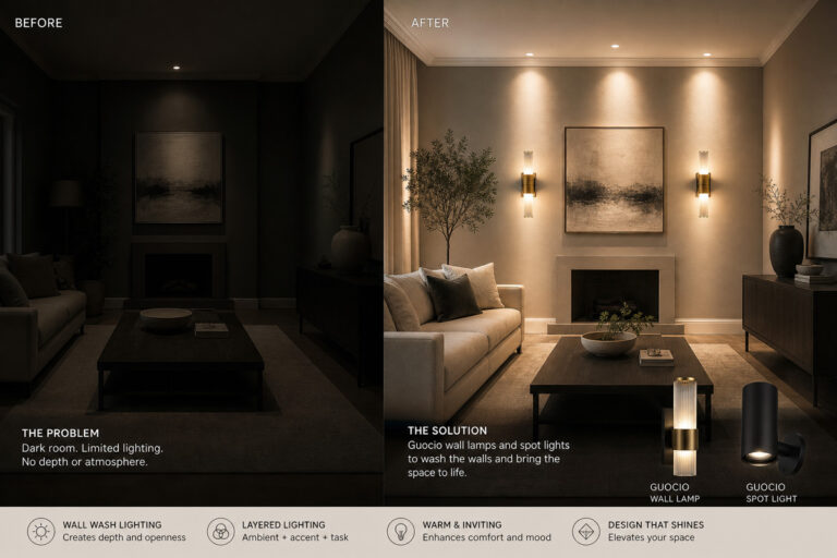 Fixing a dark room using Guocio wall lamps and spot lights to wash the walls