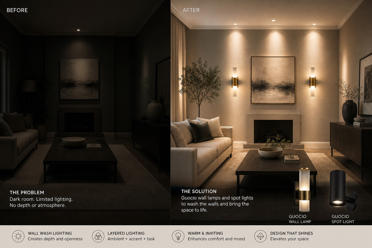 Fixing a dark room using Guocio wall lamps and spot lights to wash the walls