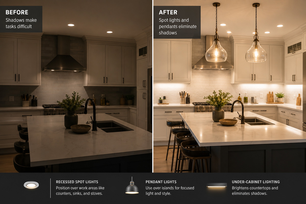 Fixing kitchen task shadows with spot lights and pendant lamps