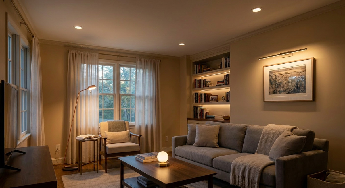 Fixing the interrogation room effect with layered living room lighting design