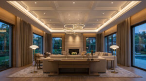 High-end Home lighting design for a luxury villa featuring integrated Ceiling Lamps and Floor Lamps.
