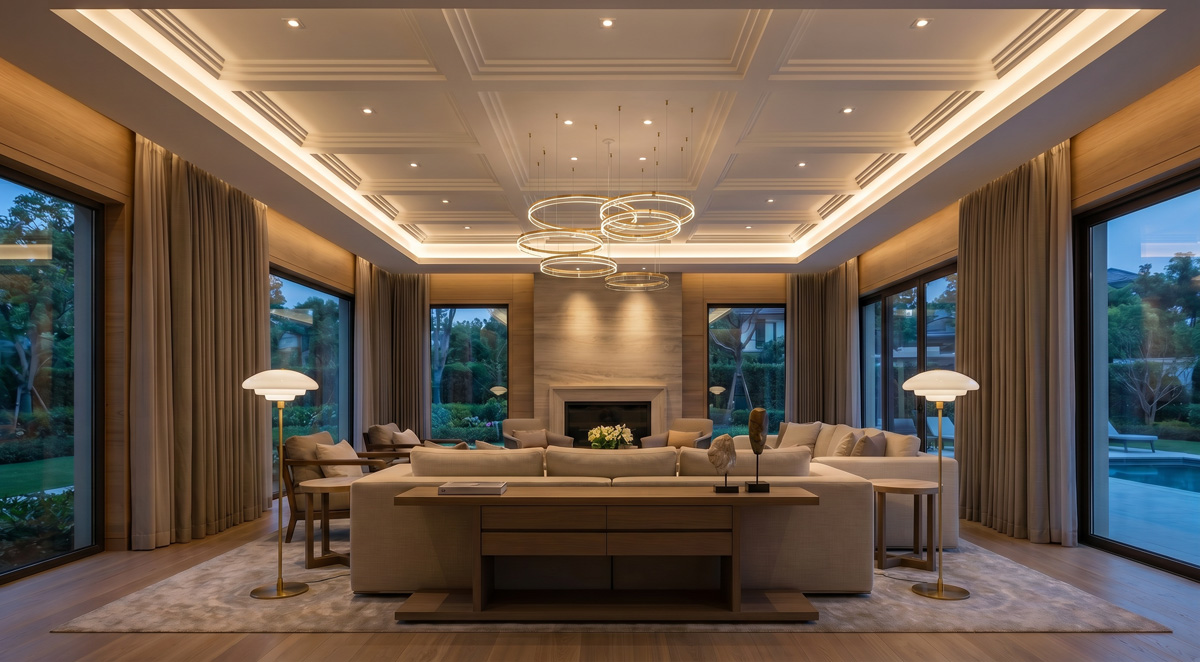 High-end Home lighting design for a luxury villa featuring integrated Ceiling Lamps and Floor Lamps.