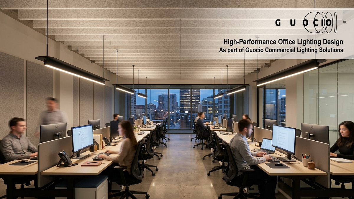 High-performance office lighting design as part of Guocio commercial lighting solutions