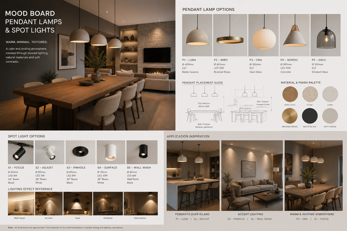 Interior design mood boards helping lighting consultants choose pendant lamps and spot lights