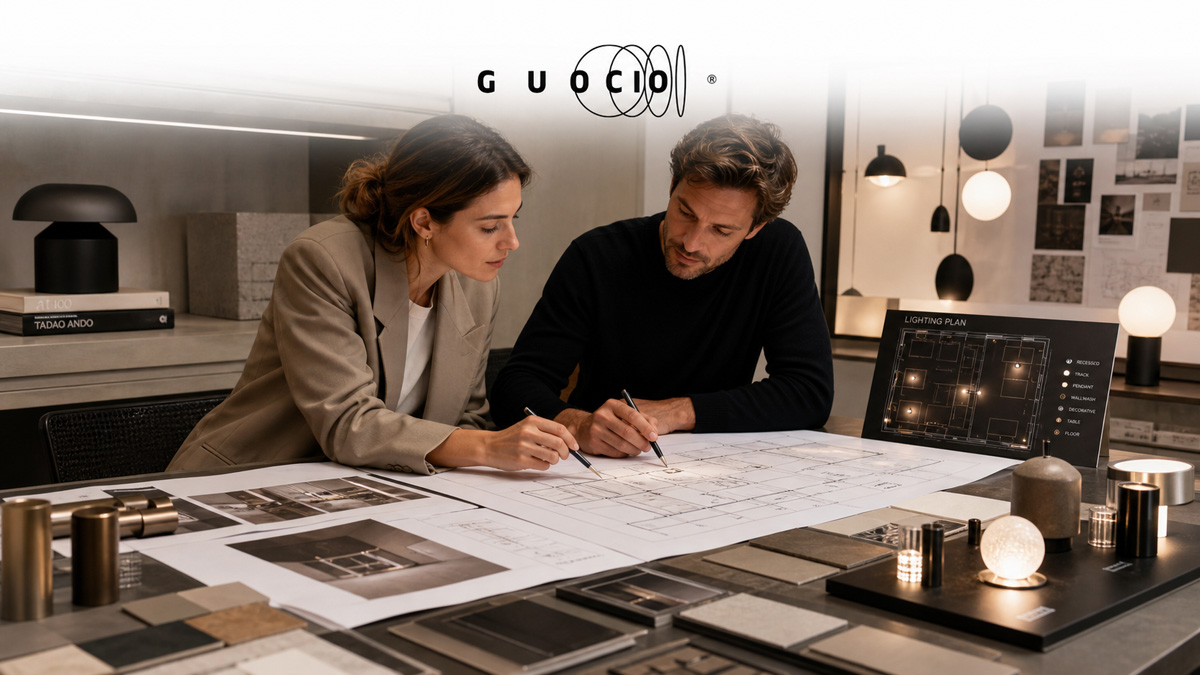 Interior designer and lighting design partner collaborating on a project layout with lighting plans and fixture samples