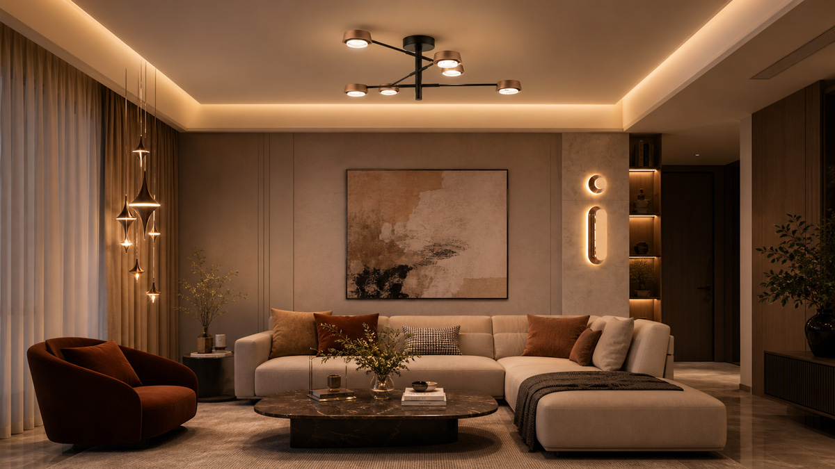 Layered lighting design in a luxury interior showing ambient ceiling lamp, accent wall lamp, and decorative pendant lamp working together
