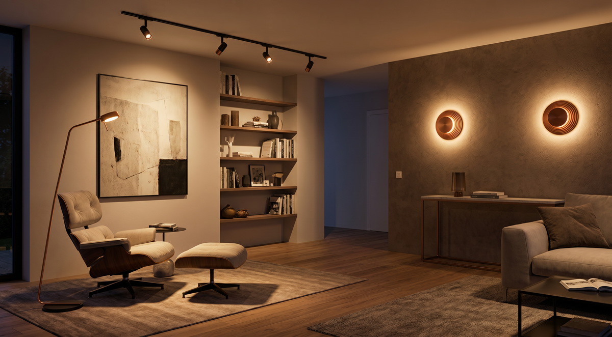 Layered living room lighting design featuring a floor lamp, wall lamps, and spot lights