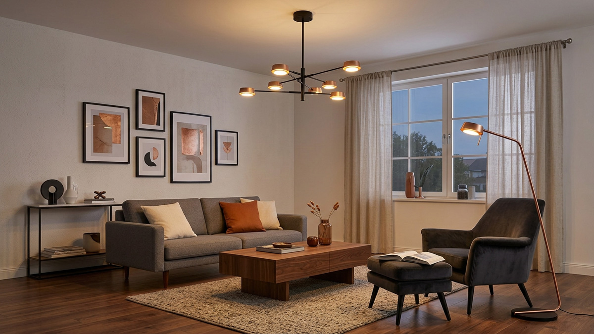 Living room lighting design featuring Guocio floor lamp and ceiling lamp