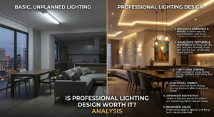 Luxury interior showing the dramatic impact of professional lighting design and analyzing if lighting design is worth it.