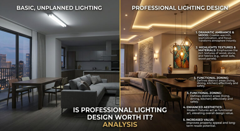 Luxury interior showing the dramatic impact of professional lighting design and analyzing if lighting design is worth it.