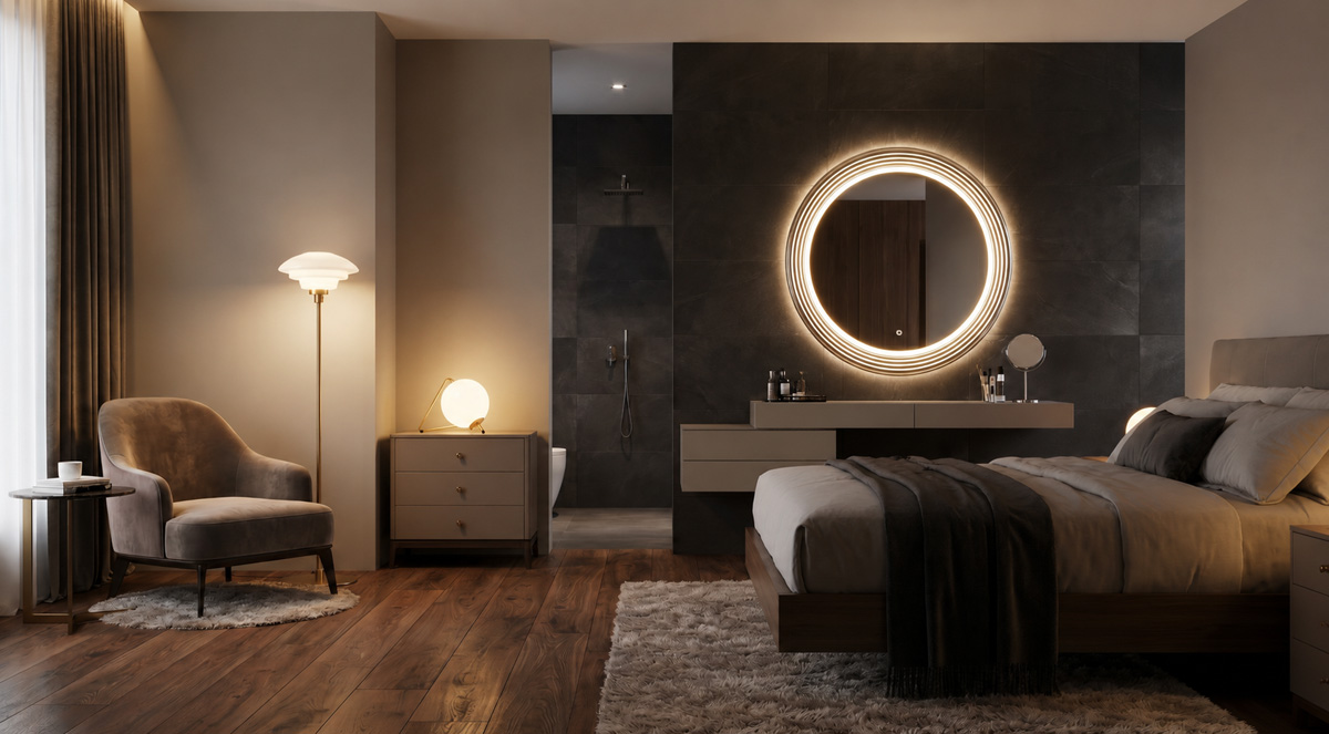 Master suite lighting design using Guocio floor lamp, table lamp, and art-mirror for zoning