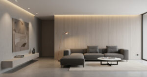 Minimalist living room lighting design featuring Guocio spot lights and a sleek floor lamp