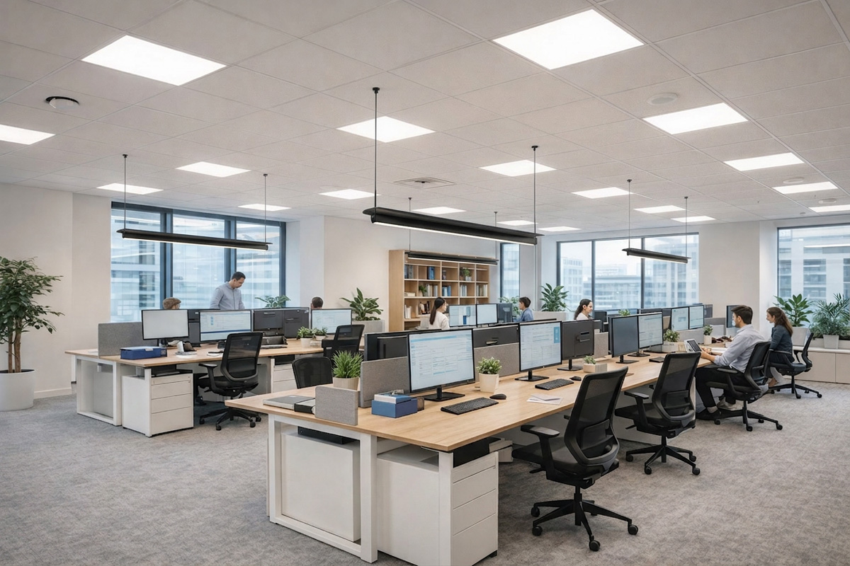 Modern office space utilizing optimized Office lighting Solutions to boost employee productivity.