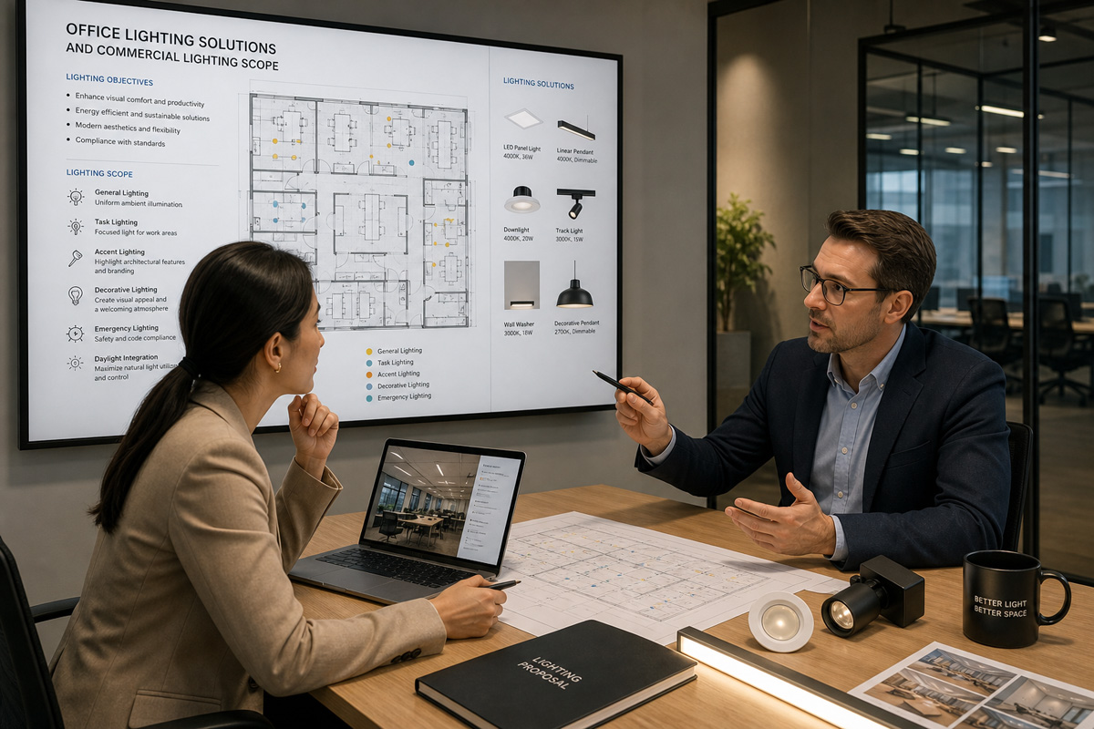 Planning office lighting solutions and commercial lighting scope with a client