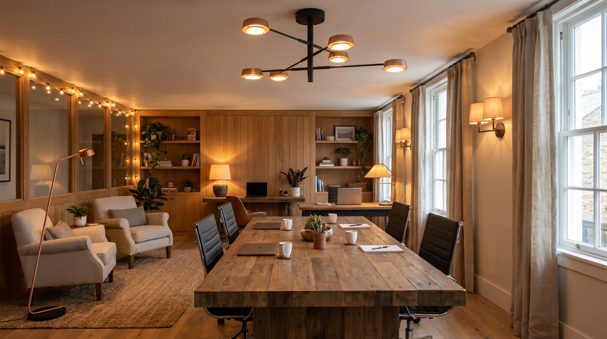 Resimercial office lighting design blending home lighting elements like floor lamps and pendant lamps