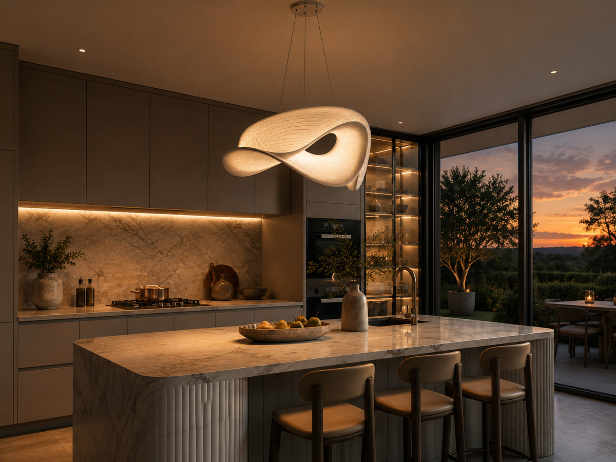 Sculptural pendant lamp serving as luminous art in a 2026 kitchen lighting design