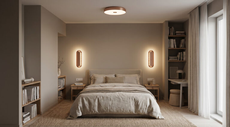 Small bedroom lighting plan featuring Guocio wall lamp and ceiling lamp to save space