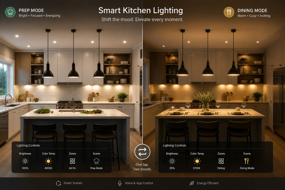 Smart kitchen lighting solutions shifting from prep mode to dining mode with pendant lamps