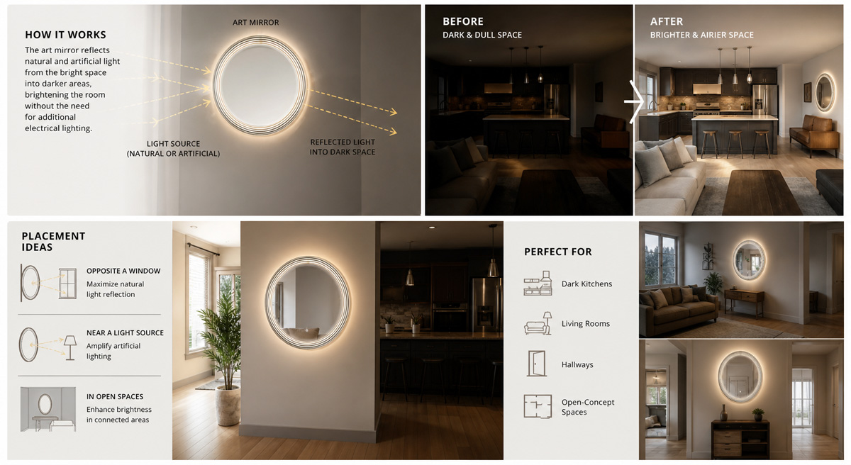 Using an art-mirror to bounce light and fix a dark kitchen and living space