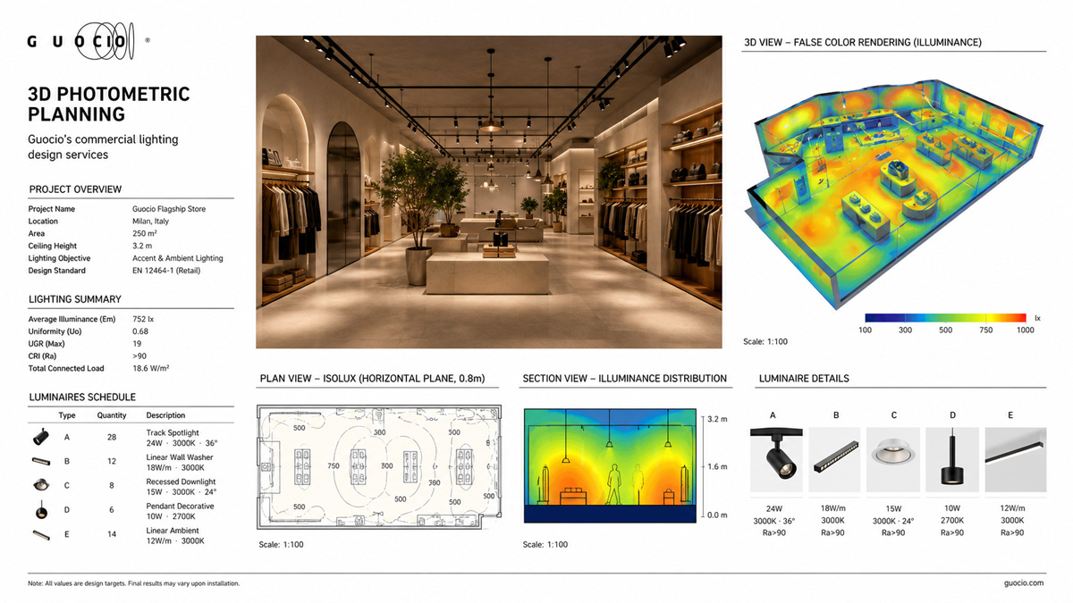 3D photometric planning provided as part of Guocio's commercial lighting design services