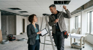 A lighting consultant collaborating with an electrician during fixture installation