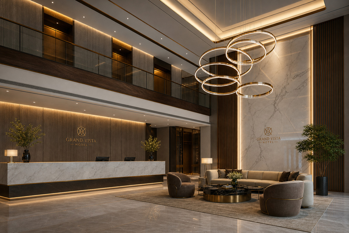 Commercial lighting design services for luxury hospitality and hotel lobby spaces