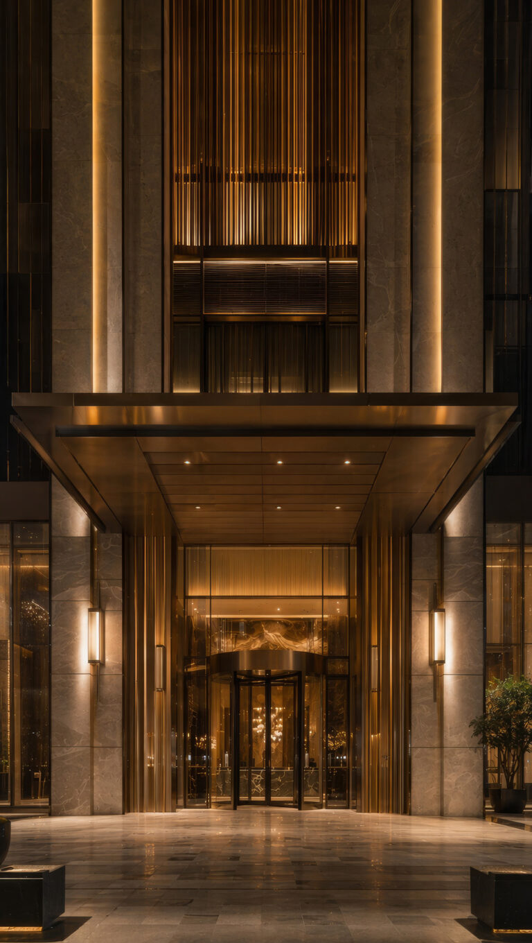Contemporary luxury five-star hotel facade entrance at night with warm architectural wall lighting and champagne metal detailing
