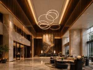 Luxury five-star hotel grand lobby with Guocio artistic chandelier centerpiece suspended from double-height ceiling above marble floor