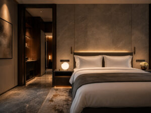 Luxury hotel guest bedroom with Guocio table lamp on bedside table, warm 3000K lighting, premium bedding and quiet luxury atmosphere