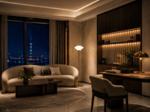 Luxury hotel guest room reading nook with Guocio floor lamp beside lounge sofa, warm reading light and quiet contemporary luxury atmosphere