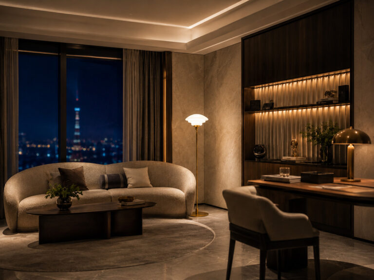 Luxury hotel guest room reading nook with Guocio floor lamp beside lounge sofa, warm reading light and quiet contemporary luxury atmosphere